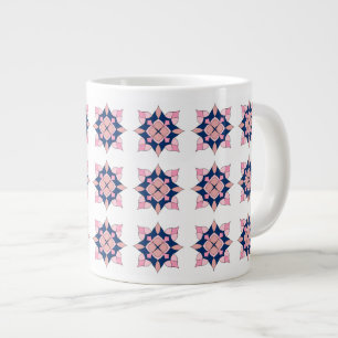 Caneca De Café Grande Blush Rosa e Azulejos Florais Geométricos Navy