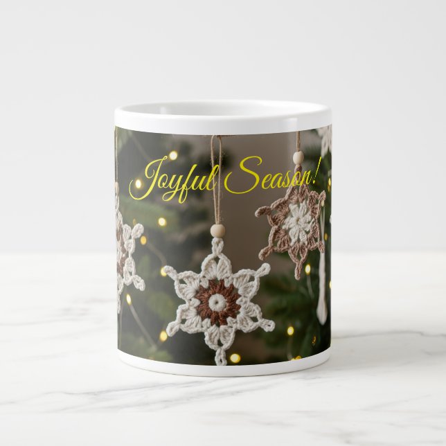 Caneca De Café Grande Boho Crochet Snowflake Bebida Cozy Natal (Frente)