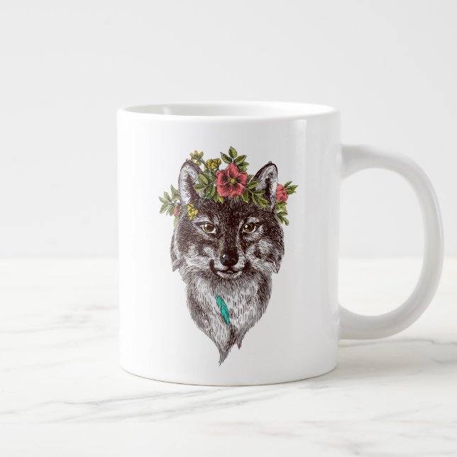Caneca De Café Grande Boho Style Wolf Halo Retrato (Direita)