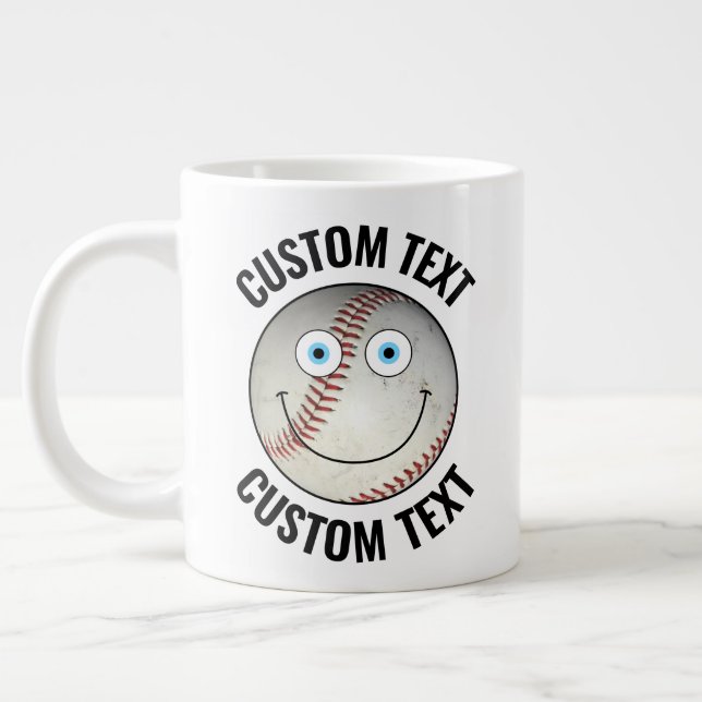 Caneca De Café Grande Bola de Baseball Texto Personalizado Face Feliz (Esquerda)