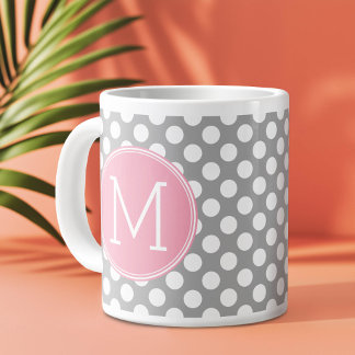 Caneca De Café Grande Bolinhas rosa e Cinzas com monograma personalizado