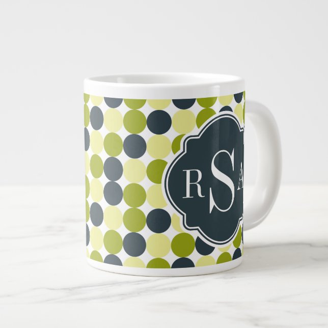 Caneca De Café Grande Bolinhas verdes e monograma azul (Frente Esquerda)