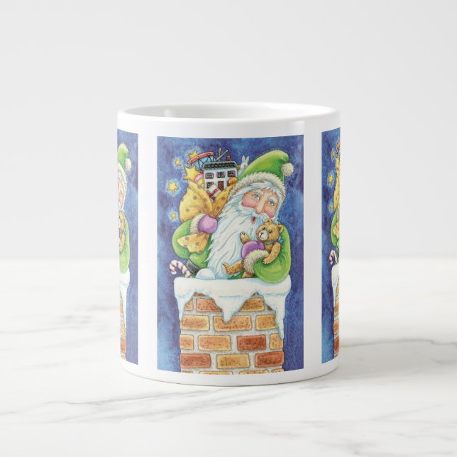 Caneca De Café Grande Bom Natal, Papai Noel em Chaminé com Brinquedos (Frente)