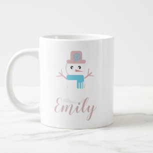 Caneca De Café Grande Boneco de Neve de Natal Rosa Pastel Nome