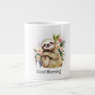 Caneca De Café Grande Bonita Sloth Sorridente com Flores - Boa Manhã