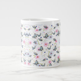 Caneca De Café Grande Borboleta Azul e Floral Rosa em Aquarela Vintage