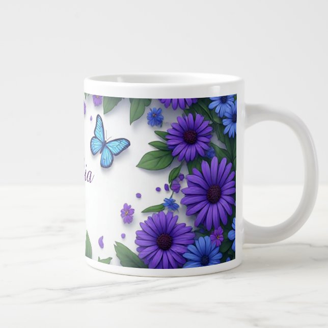 Caneca De Café Grande Borboleta Azul Flores Roxas Jardim de Primavera (Direita)