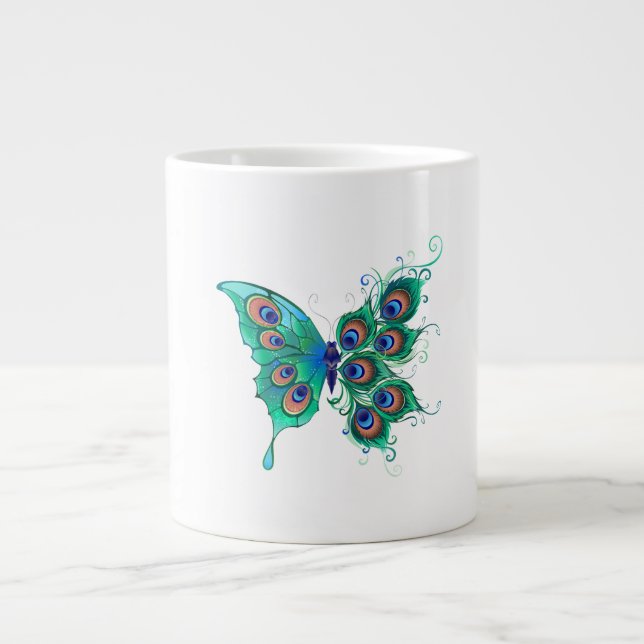 Caneca De Café Grande Borboleta com Penas de Pavão Verde (Frente)