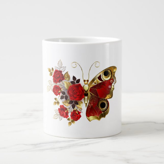 Caneca De Café Grande Borboleta de flor vermelha com rosas vermelhas (Frente)