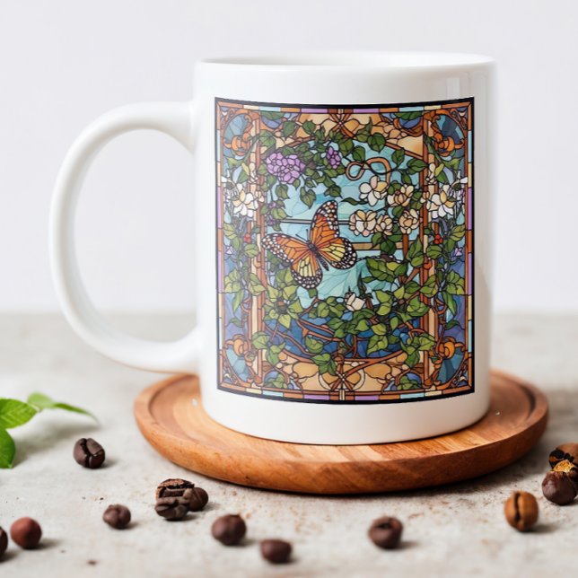 Caneca De Café Grande Borboleta de vidro contida (Enjoy your morning coffee in this elegant stained glass butterfly mug.)