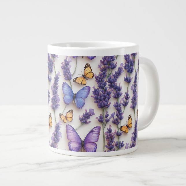 Caneca De Café Grande Borboleta Elegante e Design de Lavanda (Frente Esquerda)