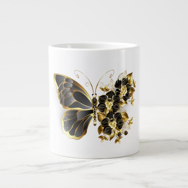 Caneca De Café Grande Borboleta Flor Dourada com Orquídea Preta (Frente)