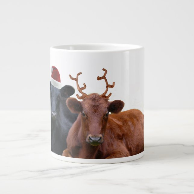 Caneca De Café Grande Bovinos de Natal - Santa Hat e Antlers (Frente)