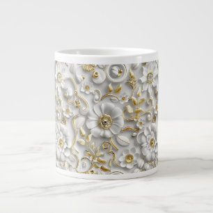 Caneca De Café Grande Branco sobre Folhas Ornamentais Brancas e Ouros