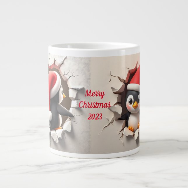 Caneca De Café Grande Breakout do Pinguim de Natal em 3D (Frente)