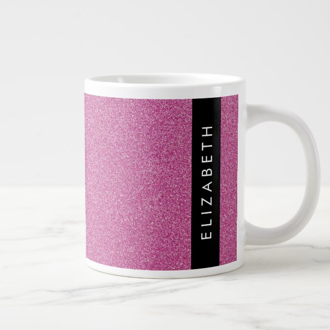 Caneca De Café Grande Brilhante Rosa, Fundo Glitter, Seu Nome (Direita)
