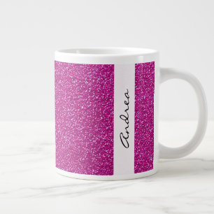 Caneca De Café Grande Brilhante Rosa, Fundo Glitter, Seu Nome