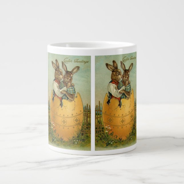 Caneca De Café Grande Bunnies em um Ovo Dourado, Páscoa vitoriana veneno (Frente)