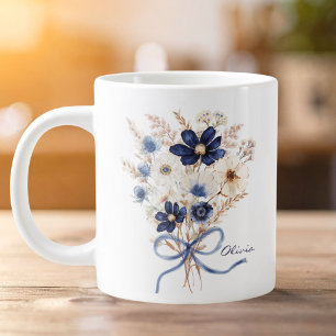 Caneca De Café Grande Buquê de Flores Azul Marinho Aquarela Personalizad