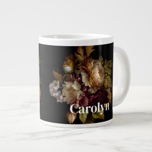 Caneca De Café Grande Buquê Floral Clássico Escuro com Nome