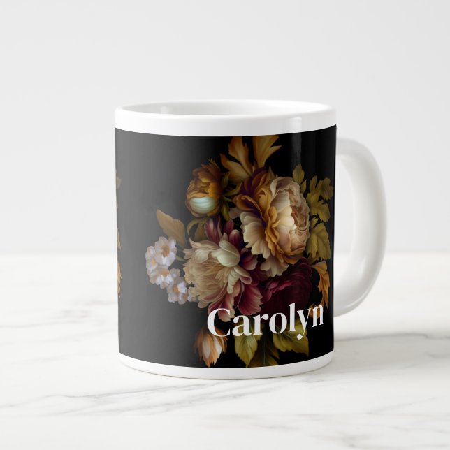 Caneca De Café Grande Buquê Floral Escuro Clássico com Nome (Frente Esquerda)
