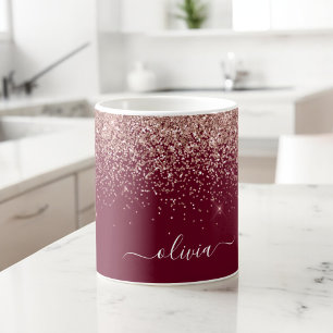 Caneca De Café Grande Burgundy Rosa Dourado Blush Pink Glitter Monograma