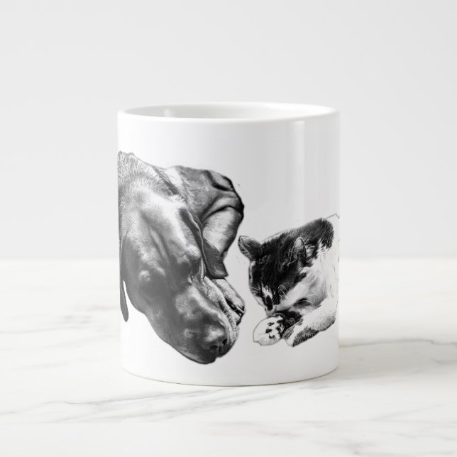 Caneca De Café Grande Cachorro e Gato Descansados Juntos De Arte Monocro (Frente)