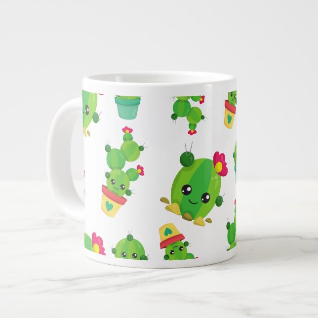 Caneca De Café Grande Cactus Bonito, Cactus Verde, Padrão De Cactus (Frente Esquerda)