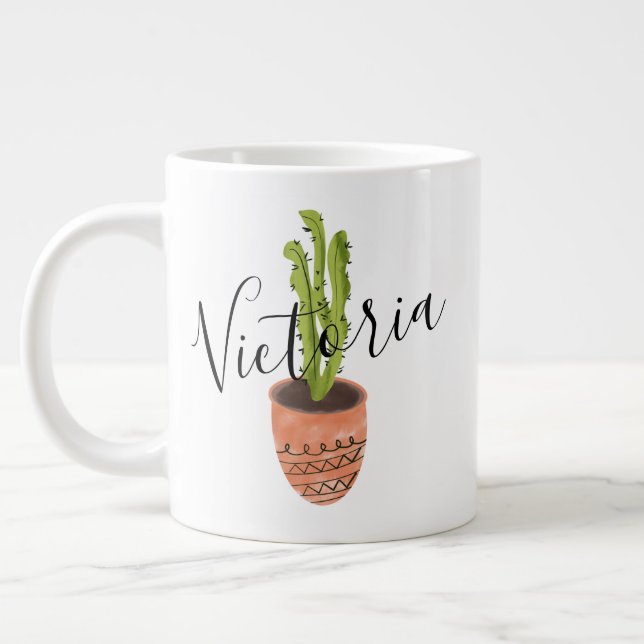 Caneca De Café Grande Cactus Script Desenhado Nome Giant Coffee Mug (Esquerda)