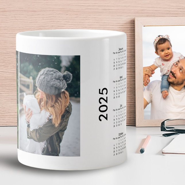 Caneca De Café Grande Calendário Personalizado 2 Colagem de Fotos 2025 (Criador carregado)