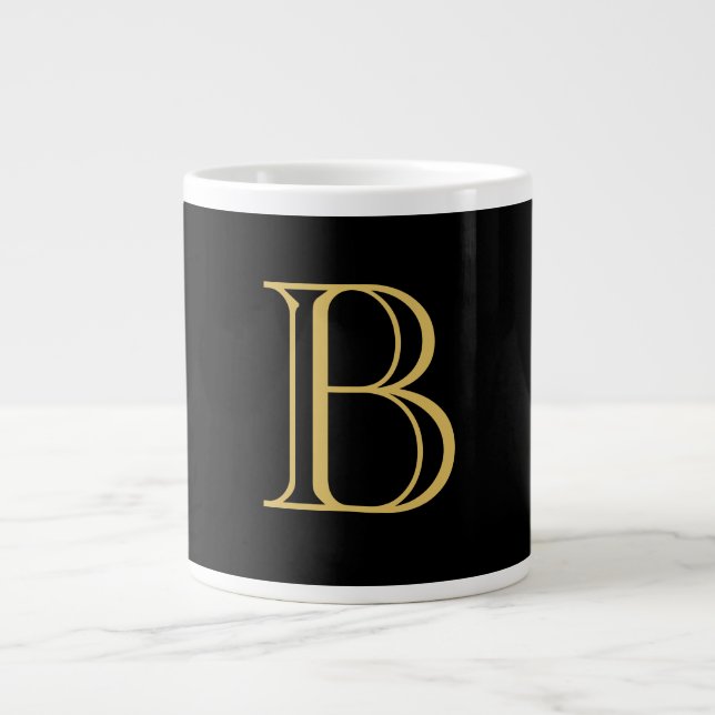 Caneca De Café Grande Caligrafia Profissional de Monograma Dourado Preto (Frente)