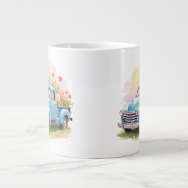 Caneca De Café Grande Caminhão Azul Antigo com Ovos de Páscoa & Tulipas