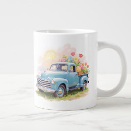 Caneca De Café Grande Caminhão Azul Antigo com Ovos de Páscoa & Tulipas