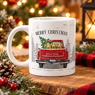Caneca De Café Grande Caminhão Vermelho Antigo com Cachorros Natal Rústi