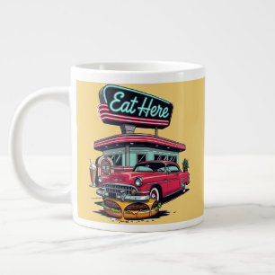 Caneca De Café Grande Camiseta Retro Diner Eat Here Classic Car Burger