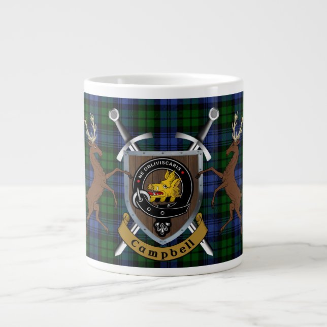 Caneca De Café Grande Campbell Clan Crachá & Tartan Highland (Frente)