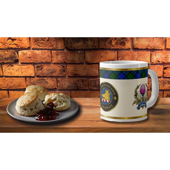 Caneca De Café Grande Campbell Crest & Tartan w/Thistle Personalizado (Criador carregado)