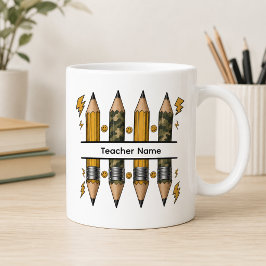 Caneca De Café Grande Camuflagem Lápis Raio Sorriso Nome Dividido Ensina