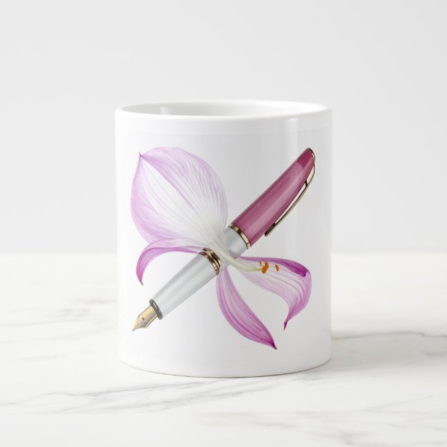 Caneca De Café Grande caneta branca com laço rosa (Frente)