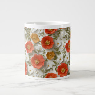 Caneca De Café Grande Caneta Floral Vibrante Vermelha e Branca