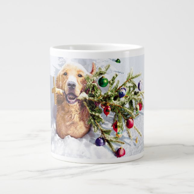 Caneca De Café Grande Cão Com Árvore Na Neve (Frente)