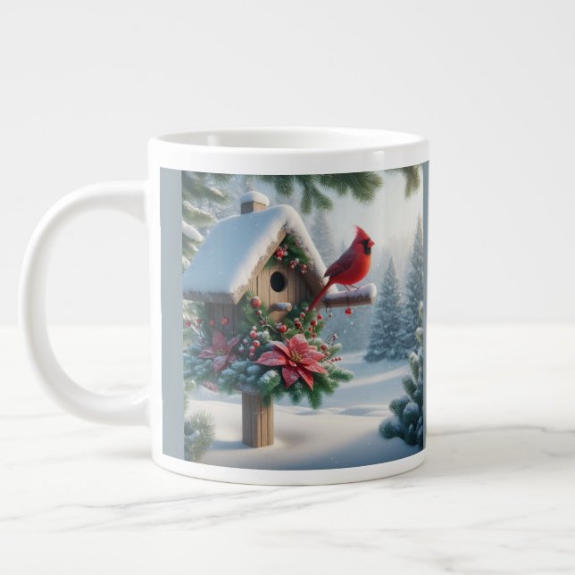 Caneca De Café Grande Cardeal de inverno em um abrigo festivo (Esquerda)