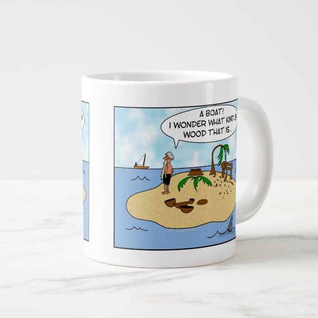Caneca De Café Grande Caricatura engraçada Woodturner na ilha deserta (Frente Esquerda)