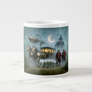 Caneca De Café Grande Carruagem Steampunk com cocheiros e lobos brancos