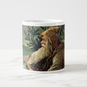 Caneca De Café Grande Cartão de Natal Antigo, Papai Noel e Árvore