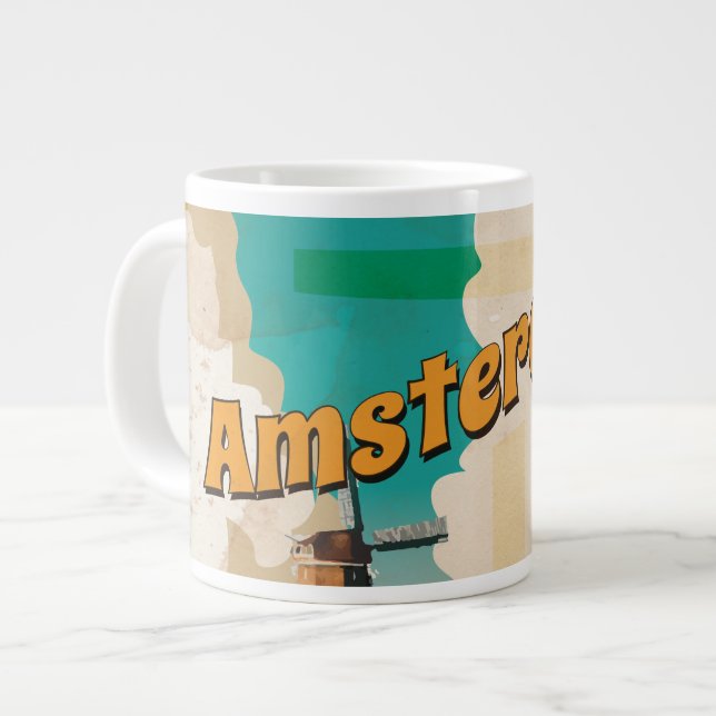 Caneca De Café Grande Cartaz de Viagem Antigo de Amsterdã (Frente Esquerda)