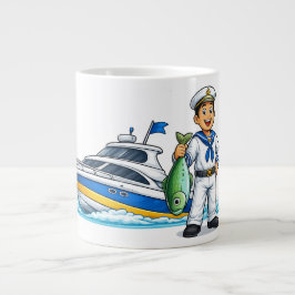 Caneca De Café Grande Cartoon Sailor with Yacht and Fish Nautical Art