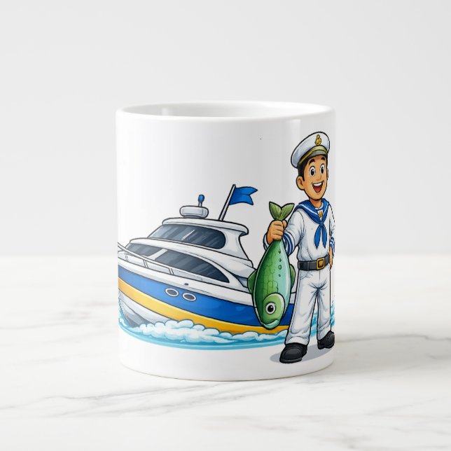 Caneca De Café Grande Cartoon Sailor with Yacht and Fish Nautical Art (Frente)