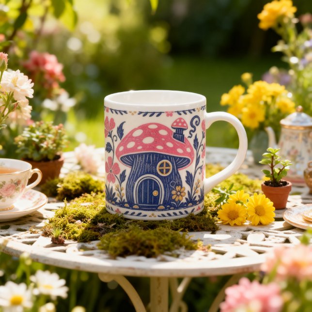 Caneca De Café Grande Casa de Cogumelo Folk Art Fada Toadstool  (Criador carregado)