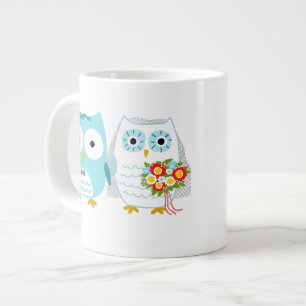 Caneca De Café Grande Casais Recém-Casados Corujas Fofas com Texto Perso
